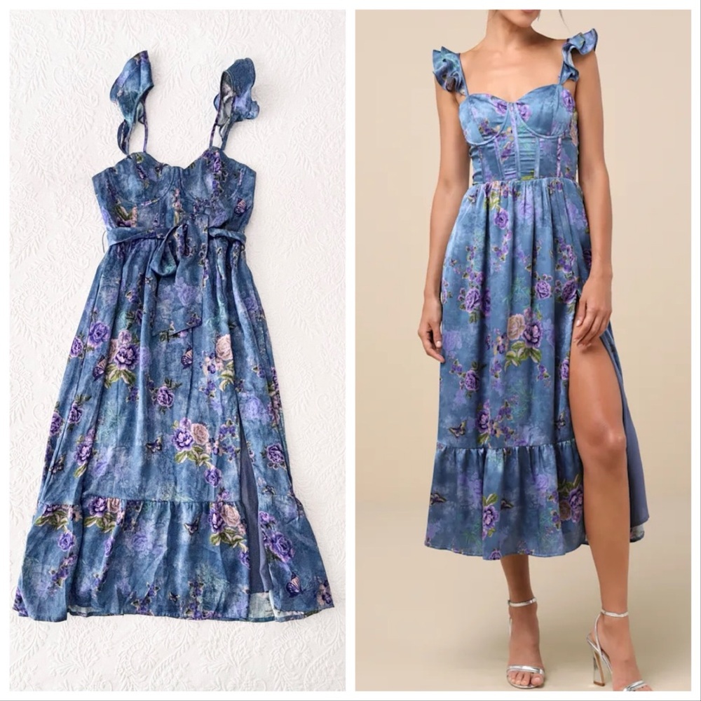 NWOT Lulus Sweet Like Sangria Blue Floral Ruffled Bustier Midi Dress Blue